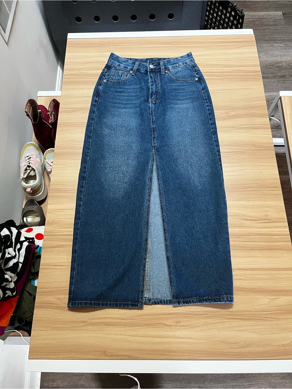 Dark Wash Denim Maxi Skirt With Front Slit